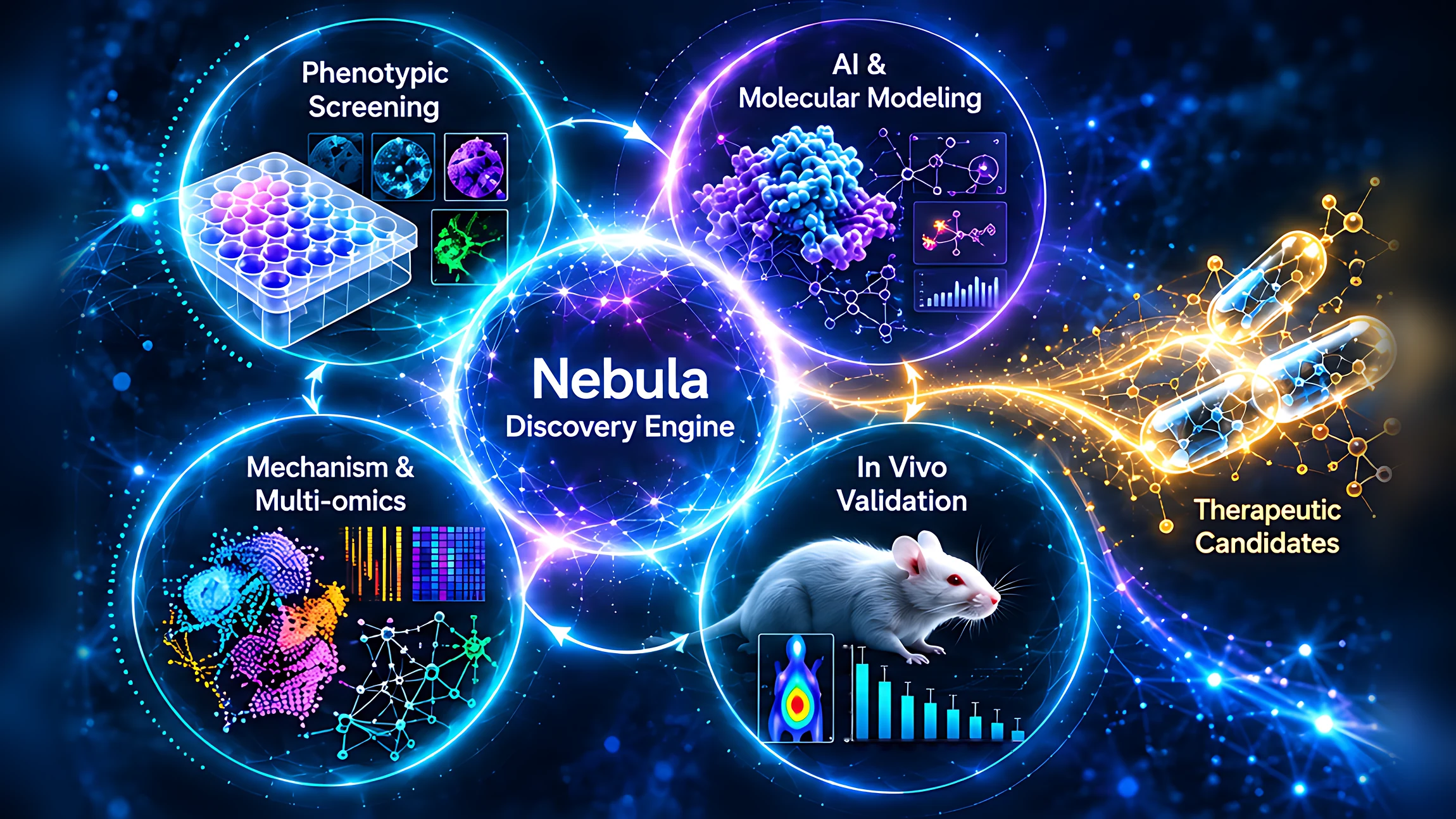 Diagram of the Nebula Discovery Engine linking phenotypic screening, AI and molecular modeling, mechanism and multi-omics, and in vivo validation, leading to therapeutic candidates.