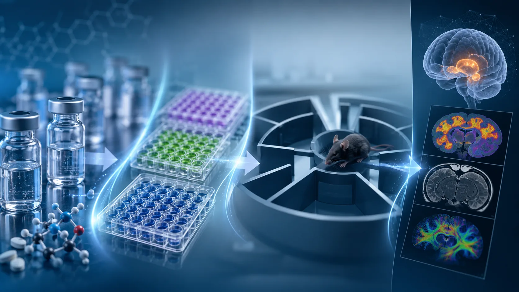 Illustration of the discovery path: drug vials and a small molecule, multi-well screening plates, a mouse in a behavioral maze, and brain imaging.